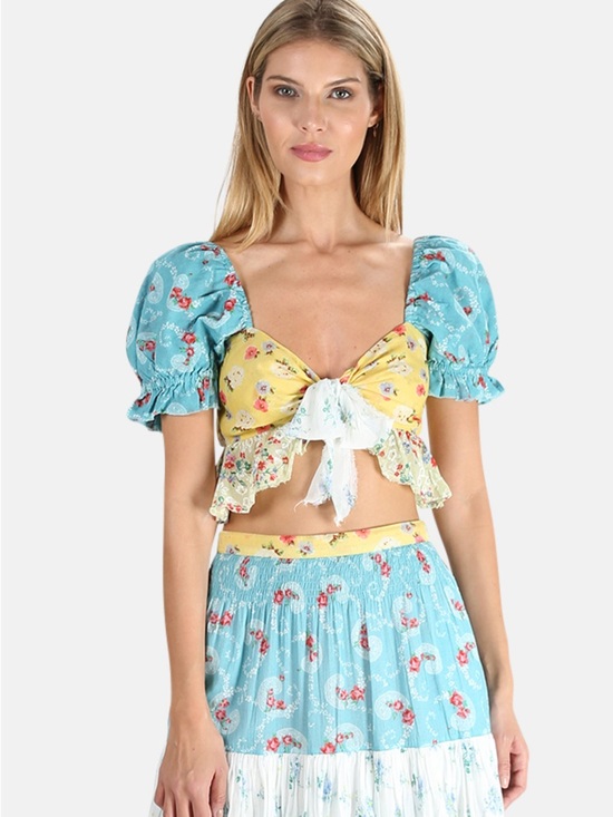 LoveShackFancy Tops - Love shack  Floral Tie-Front Puff Sleeve Crop Top - Yellow & Blue SELLING AS It